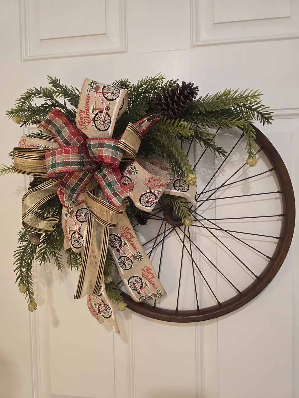 Festive Green and Red Bicycle Wheel Holiday Wreath Winter Christmas